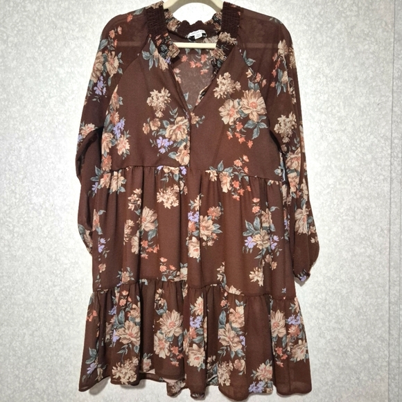 American Eagle Outfitters Brown Cream Tiered Long Sleeve Dress..SIZE:M - Picture 2 of 14